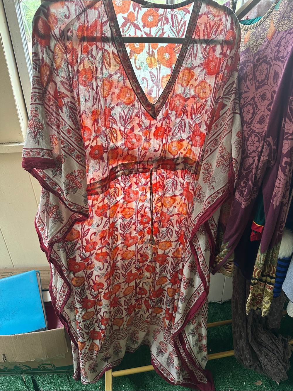 Floral V-Neck Sheer Caftan Dress - Orange & Burgundy